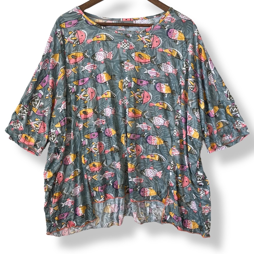 Shana Blouse L Blue Gray Fish Novelty High Lo Boxy Tee Top Art To Wear Slub Knit